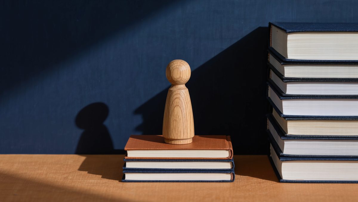 Маленькая фигурка на стопке книг отбрасывает большую тень на стену