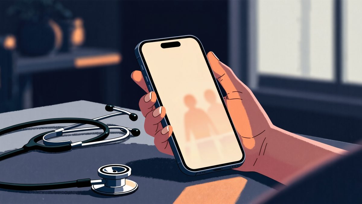 Рука держит светящийся смартфон в тёмной комнате, рядом лежит стетоскоп
