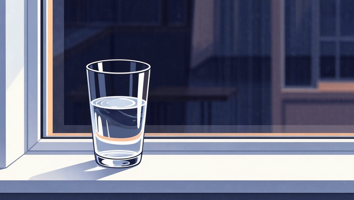 Стакан воды на подоконнике, поверхность которой успокаивается